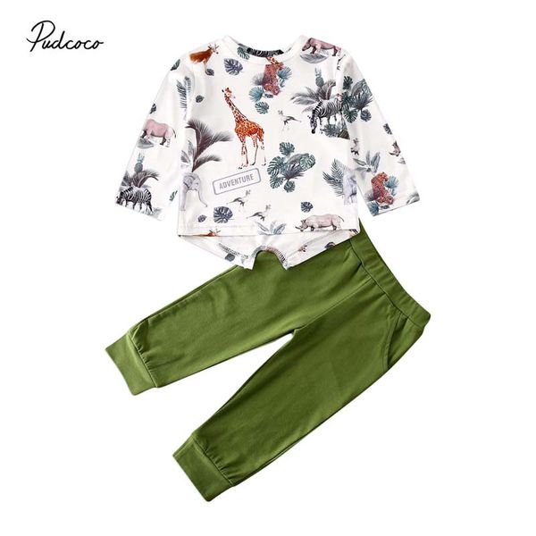 

2020 baby spring autumn clothing infant baby boy girl animal print long-sleeved shirt + trousers 2pcs set clothes 1-4t, White