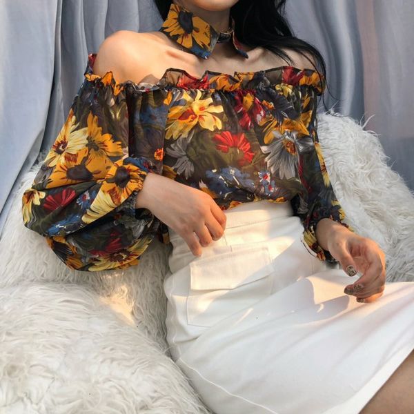 

designer blouse woman new slash neck off shoulder blusas women 2019 print spring summer flower shirts blouse lady k312, White