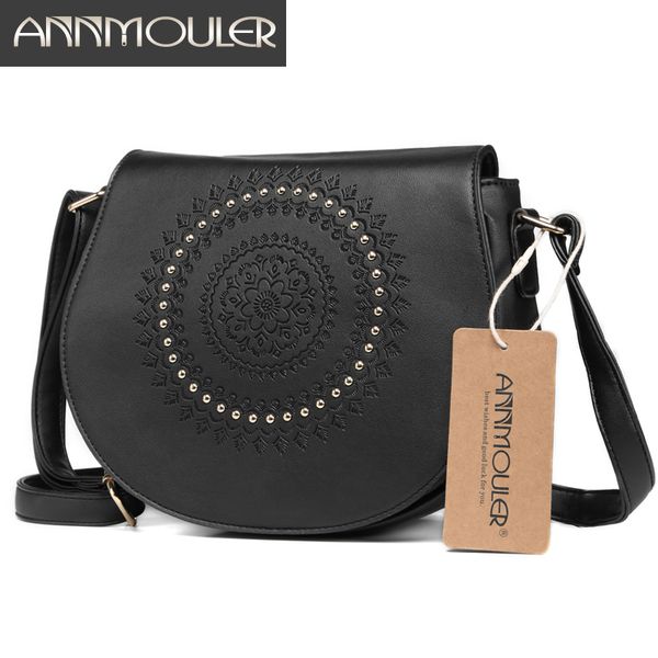 

annmouler урожай crossbody мешок pu кожаный мешок плеча женщин цветочные выбитый заклепка сумка для девочек маленькая сумочка
