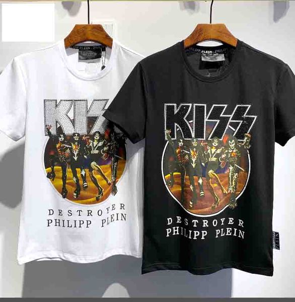 

pp tide brand short sleeved mens designer t-shirt summer cotton t-shirt punk rhinestone skull t-shirt hip hop t shirt printed t shirt, White;black