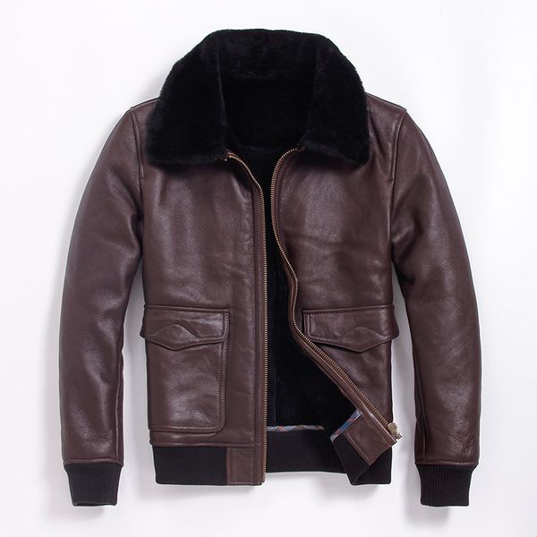 

air avirex force flight jacket man one sheepskin genuine leather coat fur collar shearling winter clothing male, Black