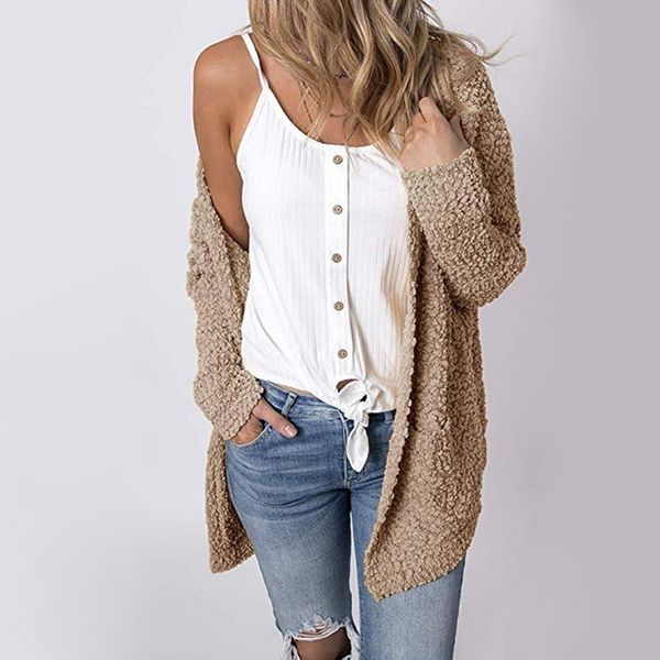 

2019 sweater women long sleeve knitted casual loose jacket cape double pockets autumn fashion cardigans feminino, White