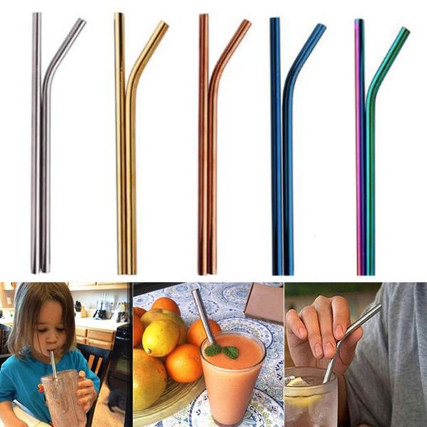 

10pcs stainless steel party reusable straight bent drinking straws with brush