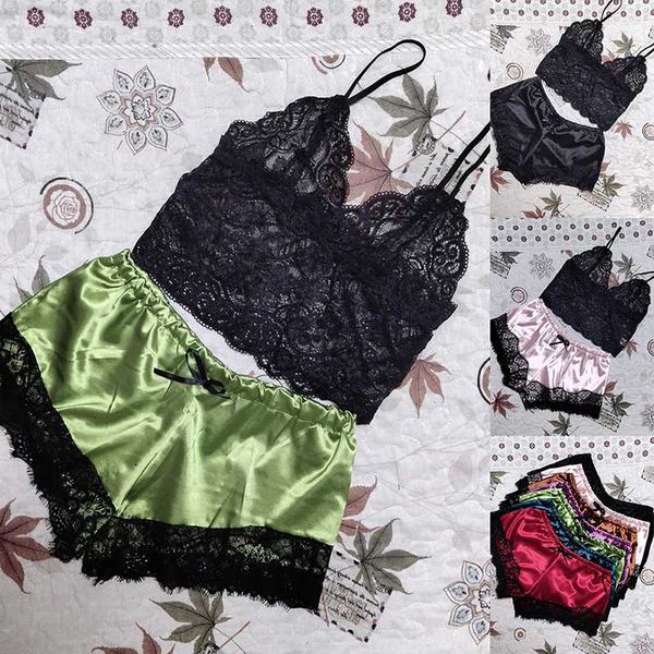 

women's sleepwear satin pajama set and shorts women fashion lace v neck pajamas lingerie sleeveless nightwear crop, Black;red