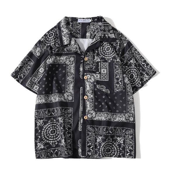 

2020 summer paisley print bandana shirt men short sleeve streetwear hip hop style clothes men fashion design shirt man, White;black
