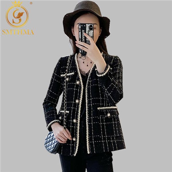 

smthma autumn winter tweed coat 2019 fashion runway women's long sleeve wool coat vintage black plaid woolen jacket, Tan;black