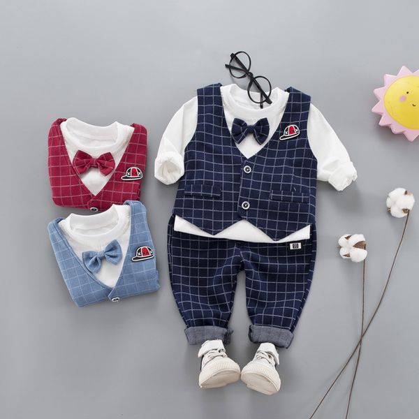

hylkidhuose 2020 autumn boy clothing set gentlemanly style children clothes suits vest t shirt pants casual baby infant clothes, White
