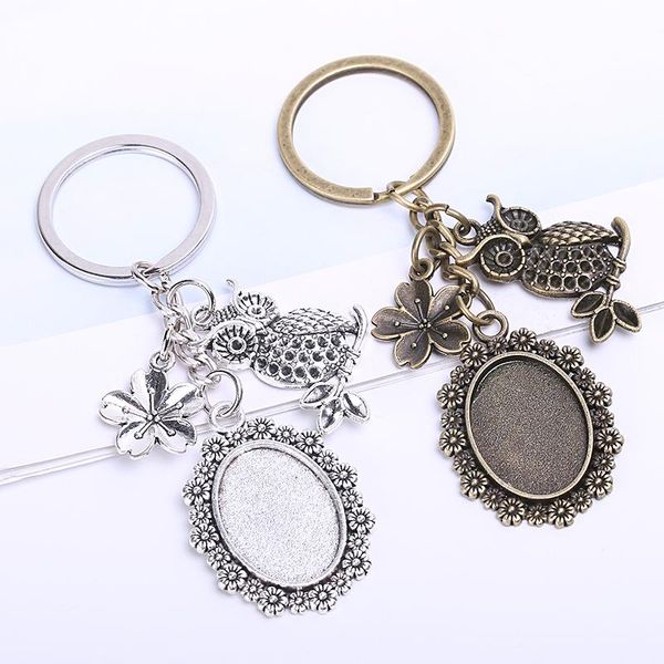 Chaveiro do metal do vintage 18 * 25 milímetros Oval Cabochão Configuração de jóias DIY Fazendo Coruja Keychain Flor Para Mulheres 5pieces / Lot