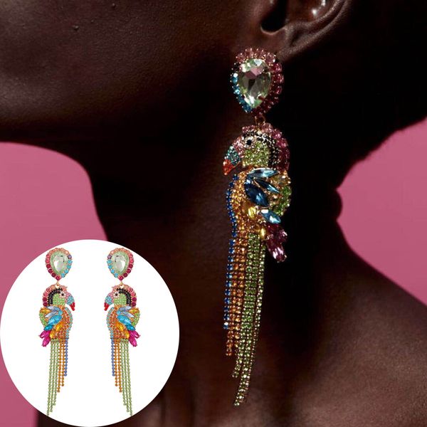 

new trendy women long hanging gem stone earrings drop dangle animal earrings colorful rhinestone parrot for party prom, Silver