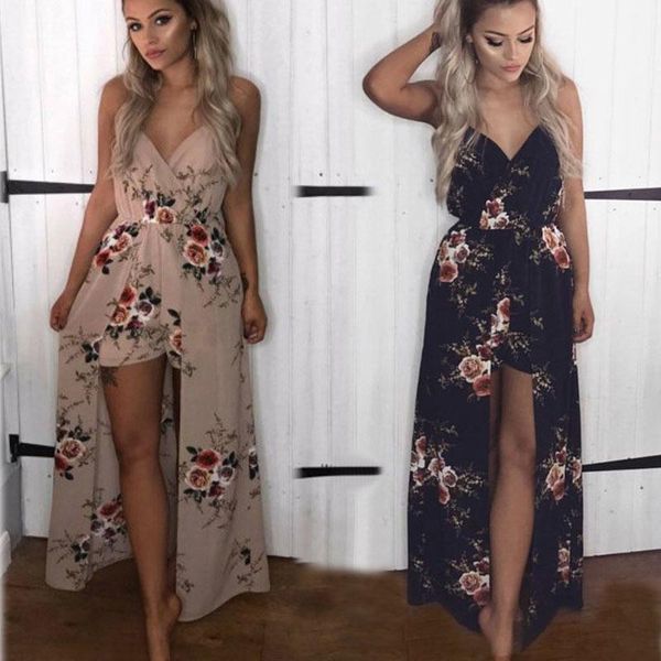 

2019 spring new women's sling jumpsuit beach skirt print v-neck dress, Black;white