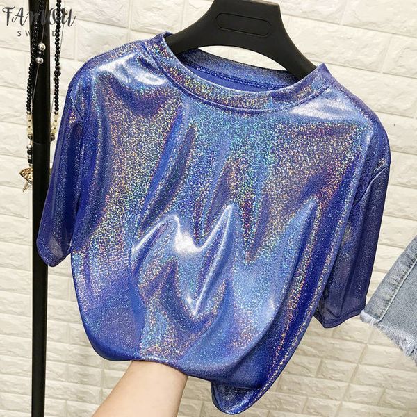 

новый летний стиль стильный шелковый женщина топы блестящая сыпучие с коротким рукавом рубашки sexy club эстетическая harajuku женщины tshir, White