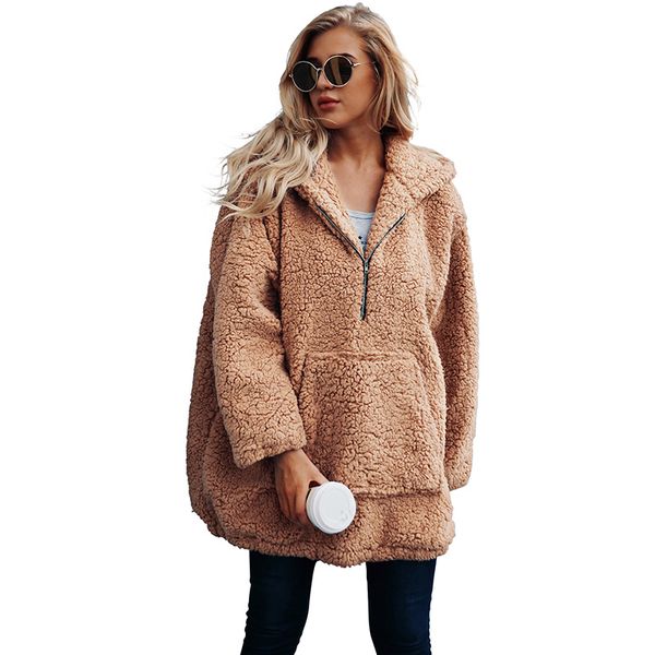 

autumn winter women faux fur coat hoodie long sleeve thickened loose fur cardigan zipper with pockets warm jacket outwear 6q2156, Black