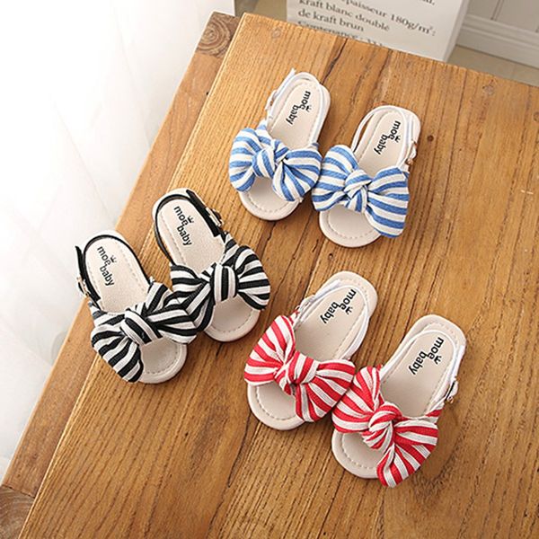 

summer children baby infant girls striped bowknot slipper sandals casual beach shoes, Black;red