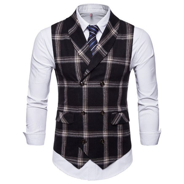 

new slim fit mens waistcoat casual suit vest men plaid style men chalecos hombre business dress vest sleeveless gilet, Black;white
