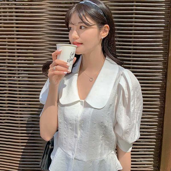 

ewq] 2020 летний новый простой тенденции моды lady white блуза корея питер пэн воротник тонкий puff рукавом женщины повседневная рубашка qv