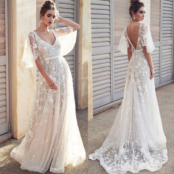 

boho beach wedding dresses deep v neck a line new appliques half sleeve country holiday bridal gowns backless wedding dress, White