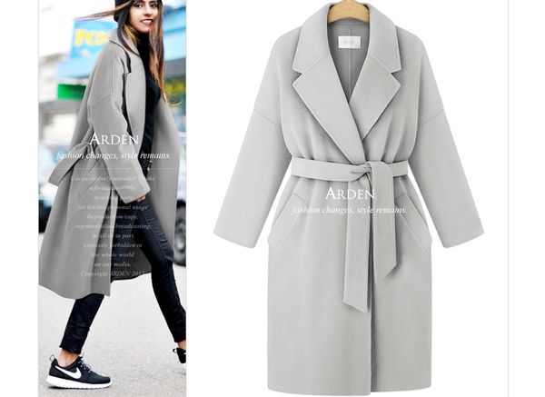 

winter new large size women's solid color tie windbreaker loose coat long wool coat, Black