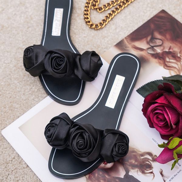 

2020 summer new rose flower silk flat shoes wild outer wear slippers l, Black