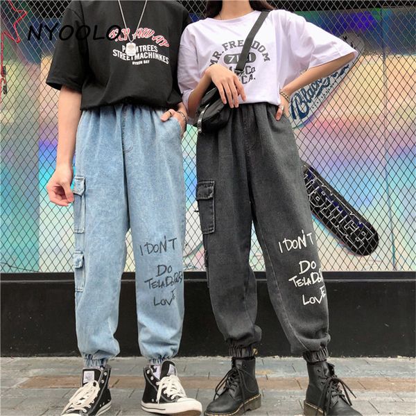 

nyoolo autumn streetwear big pockets letters print washed jeans casual elastic waist ankle length jogger denim pants women men, Blue