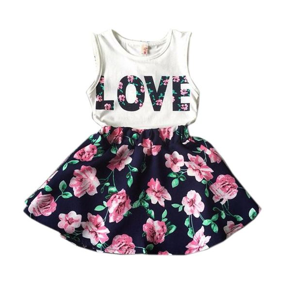 

2 3 4 5 6 7 8 9 year girls clothes summer kids suits for girls love letter vest flower skirt children clothing set ropa niÃ±a, White