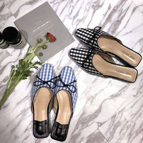 

women bow tie mules flat heel slippers polka dot slides gingham summer slip ons satin shoes, Black