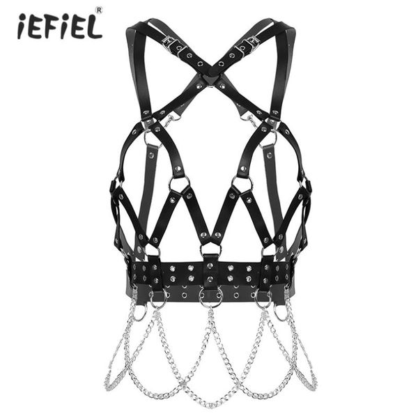 

black women fashion punk faux leather bra erotic strappy adjustable body chest cage half harness belt cosplay club costumes, Red;black