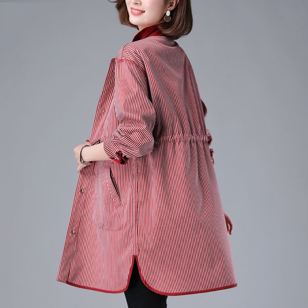 

fashion mid-long women trench coat two-side wear 2020 new spring autumn striped drawstring loose casual female windbreaker 4xl, Tan;black