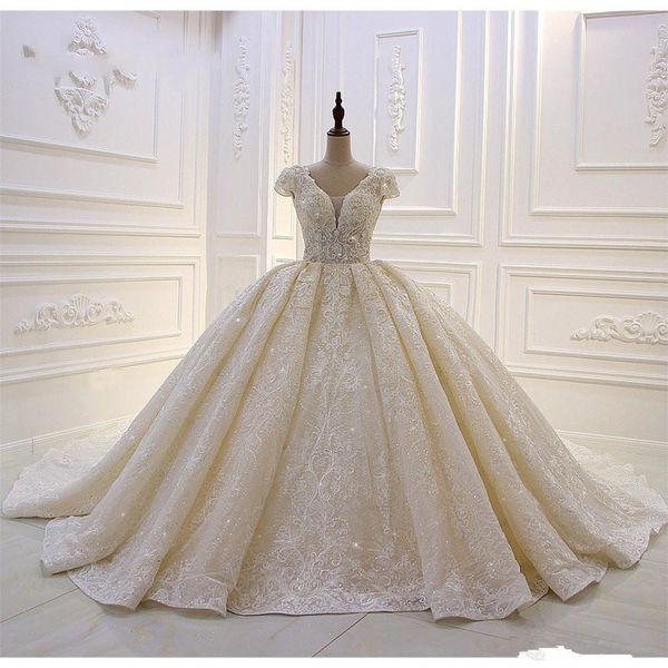 

luxury 2020 lace ball gown wedding dresses v neck beaded appliqued ruffles country bridal gowns cap sleeve vintage plus size robes de soiree, White