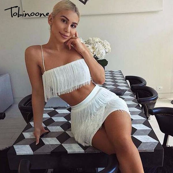 

tobinoone 2018 new women summer tassel dress elegant club party dress off shoulder tassel embellished mini fringe, Black;gray