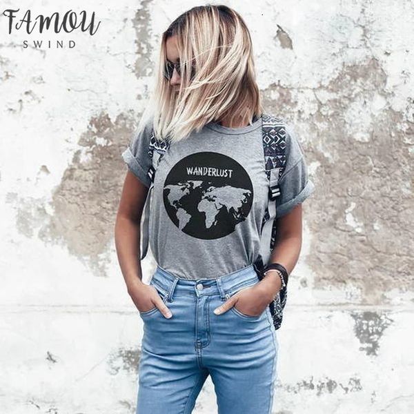 

wanderlust map printed women grey oversize classical t shirt summer short sleeved harajuku cotton amp;tees hipster, White