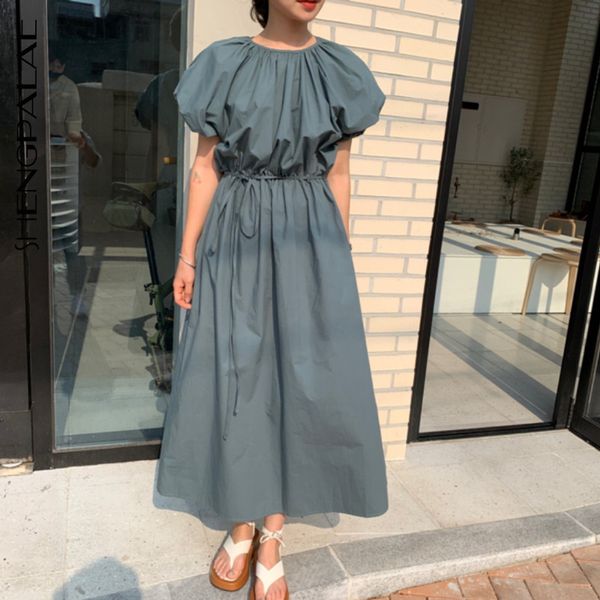 

casual dresses [ewq] 2021 summer women vintage loose high waist elegant flods design puff sleeve maxi dress simple ladies robe, Black;gray