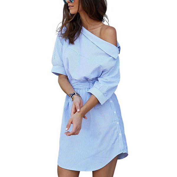 

summer women's one shoulder blue striped women shirt dress side split elehalf sleeve waistband beach dresses, White;black
