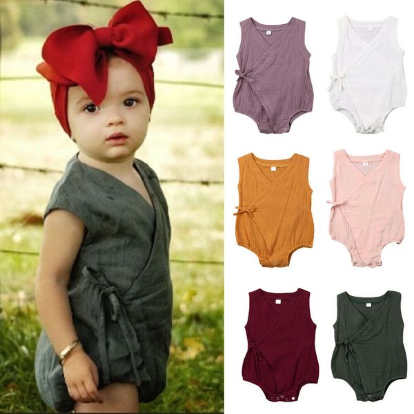 

2019 cute newborn infant baby girls clothes sleeveless solid romper cotton linen kimono jumpsuit clothes 0-18m, Blue
