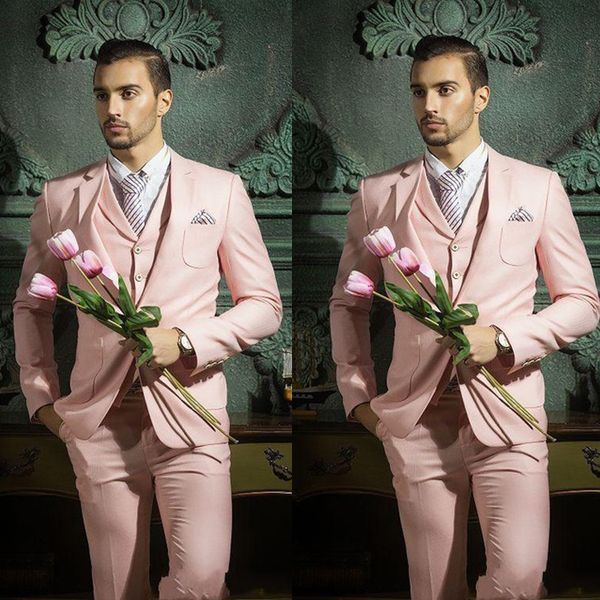 Casamento rosa Smoking Noivo Slim Fit Pico Lapel Pant Ternos Mens Jaqueta de Desgaste do Prom Melhor Homem Macho 3 Peças