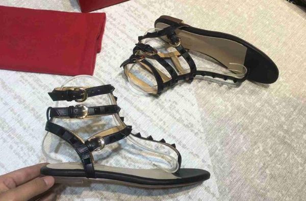 

5a 6716150 flats heel studs calfskin flip-flop sandal slippers shoes,ankle strap,size 34-40,dhl ing, Black