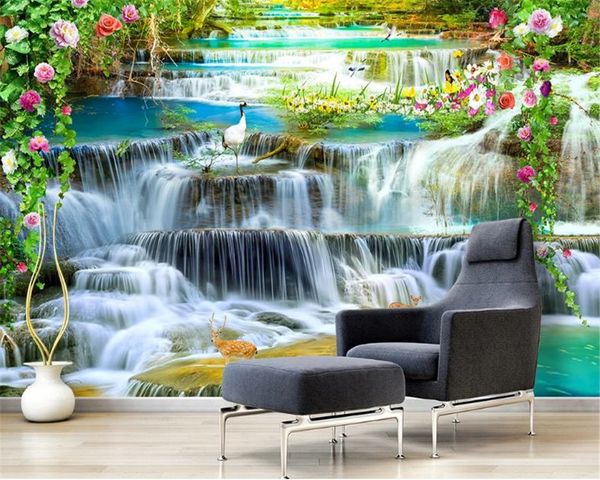 Carta da parati personalizzata del paesaggio 3d Bella cascata di fiori che scorre parco acquatico Pittura di paesaggio 3d Carta da parati HD romantica