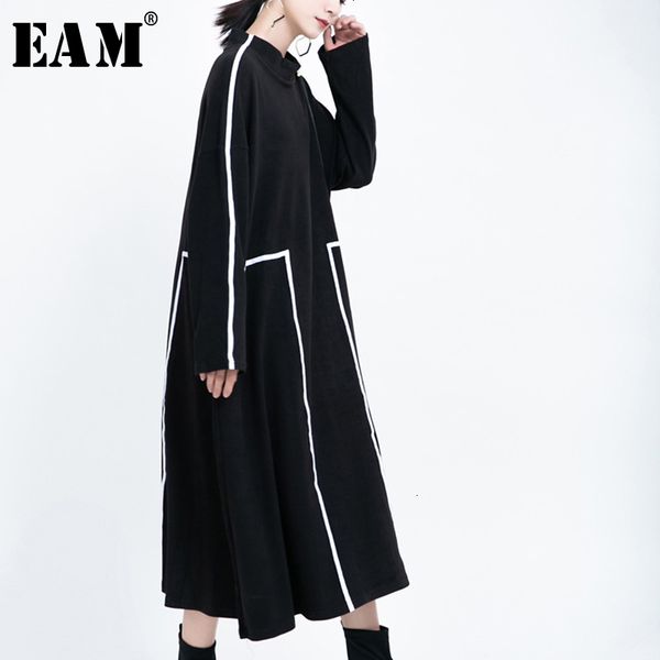

eam] women line split joint big size dress new stand collar long sleeve loose fit fashion tide spring autumn 2019 1k942, Black;gray