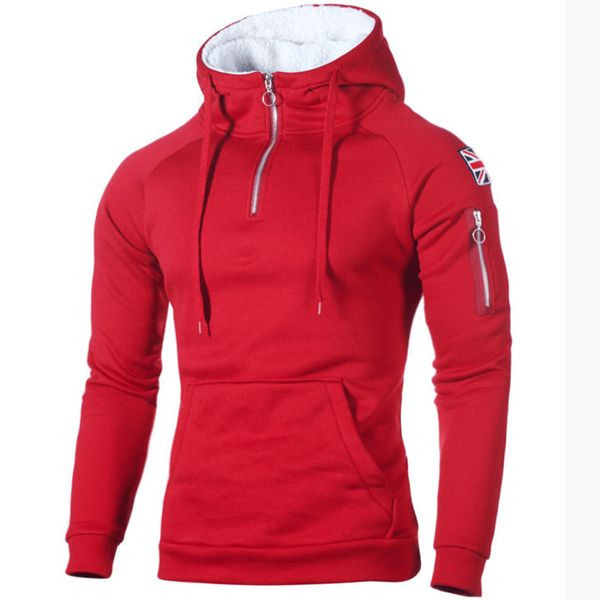 

2019 new mens hoodies zipper collar label long sleeve hooded sweatshirt casual pockets slim fit hoody pullovers male, Black