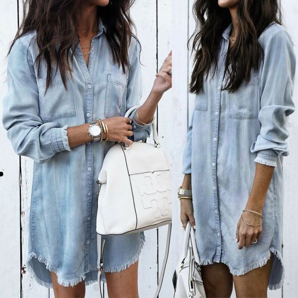 

2020 women`s denim long sleeve tassel blouse mini shirtdress ladies casual slim fit solid turn down collar long shirt, White