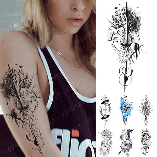 

waterproof temporary tattoo sticker tree bird universe compass tattoos mermaid body art arm fake sleeve tatoo women men