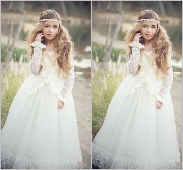 

2019 lovely boho flower girl dresses for weddings jewel long sleeve lace girl first holy communion dresses, White;red