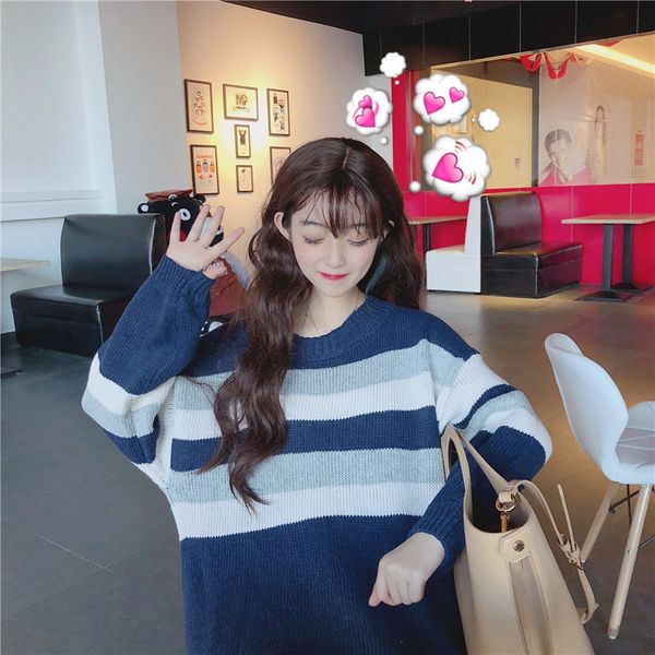 

harajuku knitted spring autumn casual loose panelled striped pullovers full sleeve sweaters new women clothing, White;black