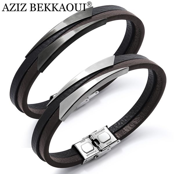 

aziz bekkaoui new men bracelets black punk leather bracelets unique shape stainless steel bracelet male bangle, Golden;silver