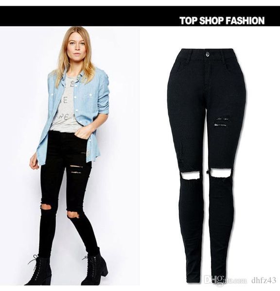 

женщины высокой талией эластичные дыры denim брюки карандаш женская 2019 лето осень повседневная ripped keen hole jeans, Blue