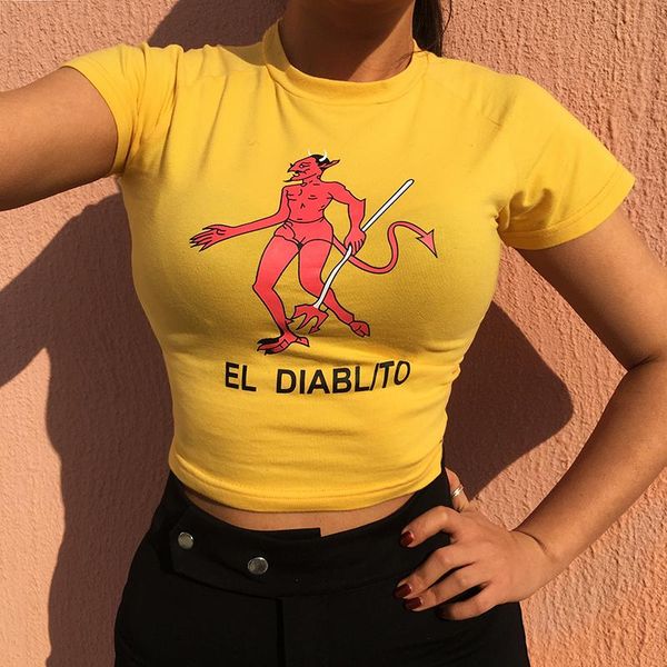 

fashion new slim waist cropped t-shirt women fashion cotton cartoon print t shirt summer yellow knitted tshirt o-neck devil trend, White