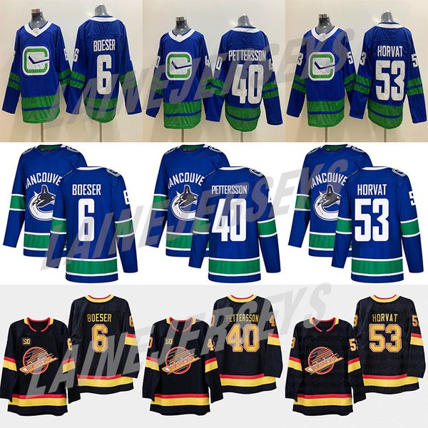 

vancouver canucks #40 elias pettersson #6 brock boeser #53 bo horvat 33 henrik sedin 10 pavel bure 89 alexander mogilny hockey jerseys, Black;red