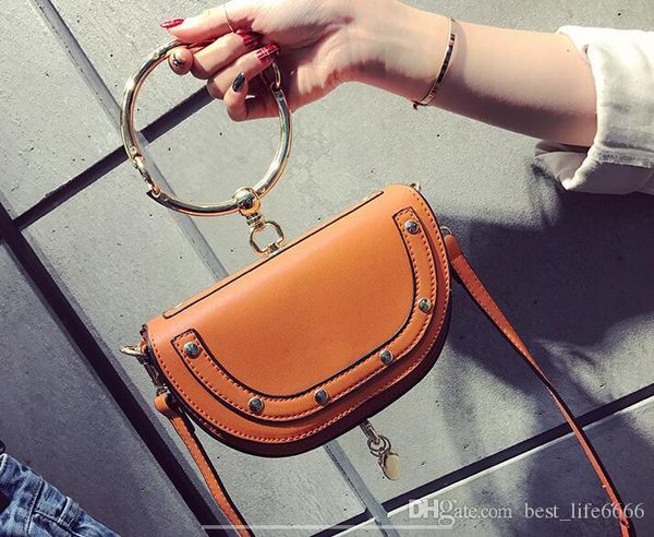 

fashion women's bag european and american fashion simple rivet women's bag, shoulder bag, metal ring handbag, flip bag