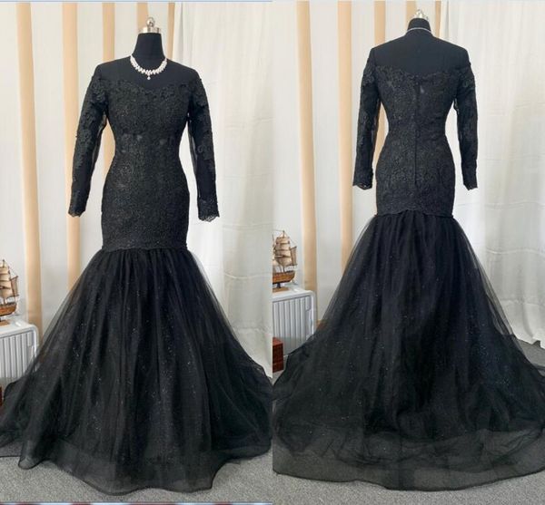 

off shoulder long sleeve prom evening dresses mermaid lace applique beaded real image juniiors formal dress long tulle party evening gowns, Black