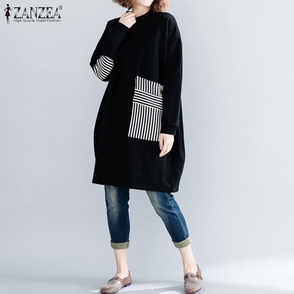 

plus size women hoodies sweatshiers zanzea thicken female clothes pullovers 2019 ladies vintage patchwork loose pockets pull 5xl, Black