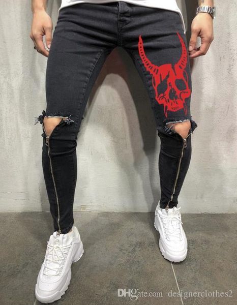 

mens skull designer jeans leg zipper holes biker skateboard sports pencil pants pantalones, Blue